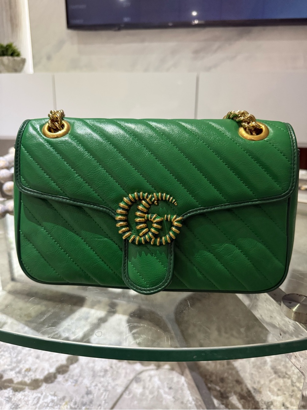 GUCCI MARMONT Green Quilted Leather Shoulder Bag with Gold GG Hardware